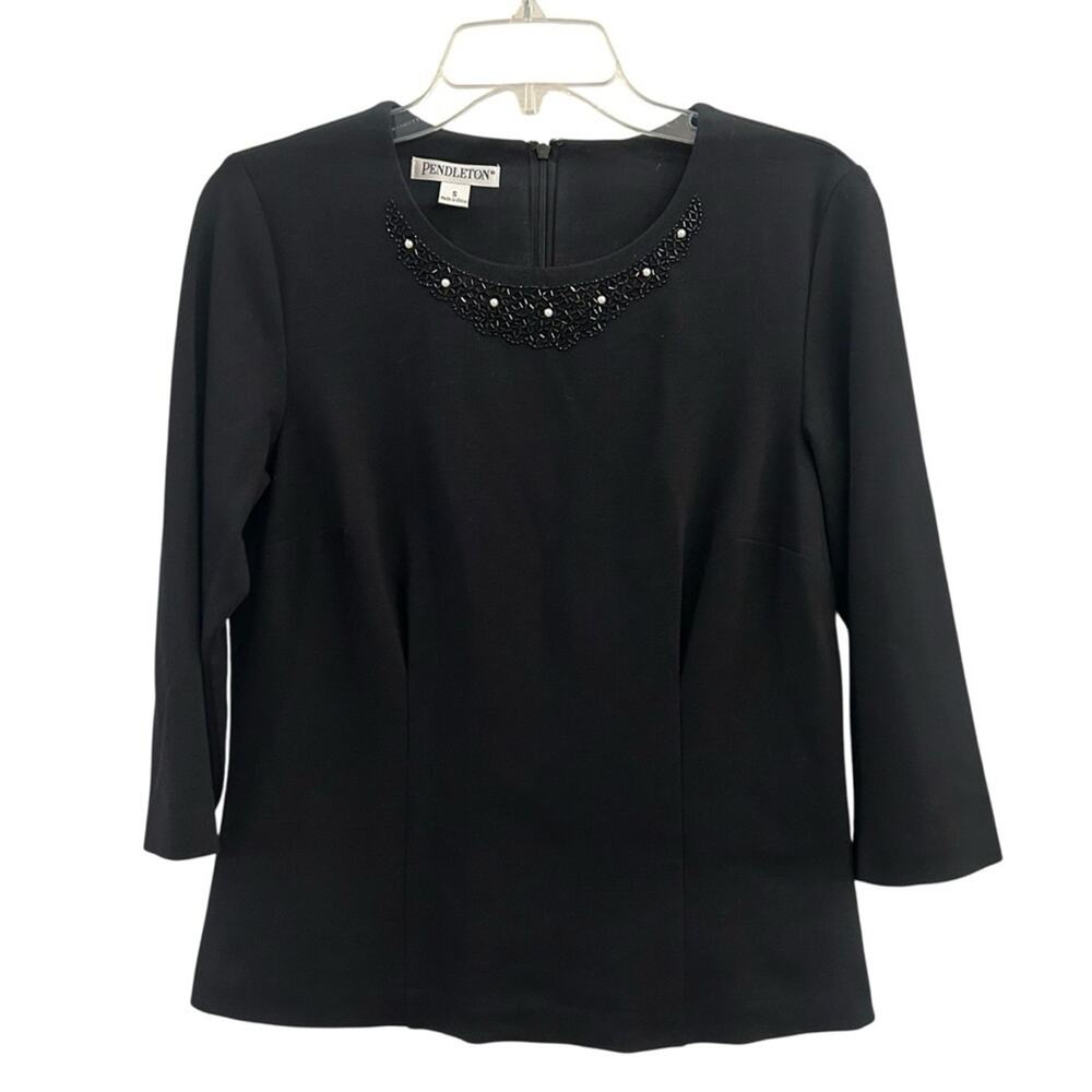 Rare Pendleton Black Women's Blouse with Beaded Neckline 3/4 Sleeve Small